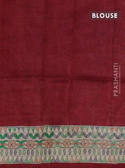 Madhubani printed silk saree maroon and beige with allover butta prints and madhubani printed border