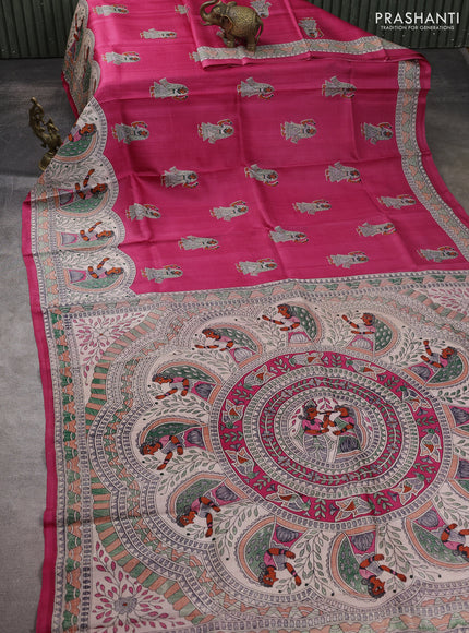 Madhubani printed silk saree dark pink and beige with butta prints and madhubani printed border