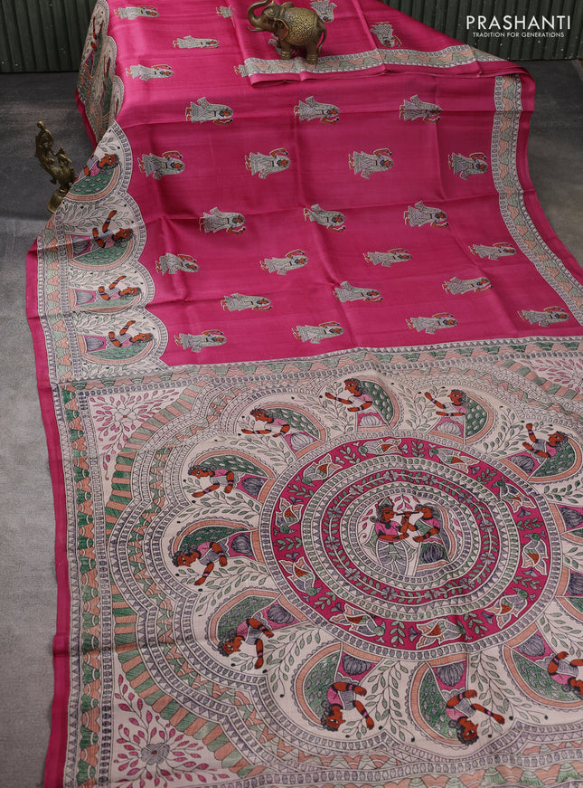 Madhubani printed silk saree dark pink and beige with butta prints and madhubani printed border