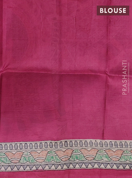 Madhubani printed silk saree dark pink and beige with butta prints and madhubani printed border