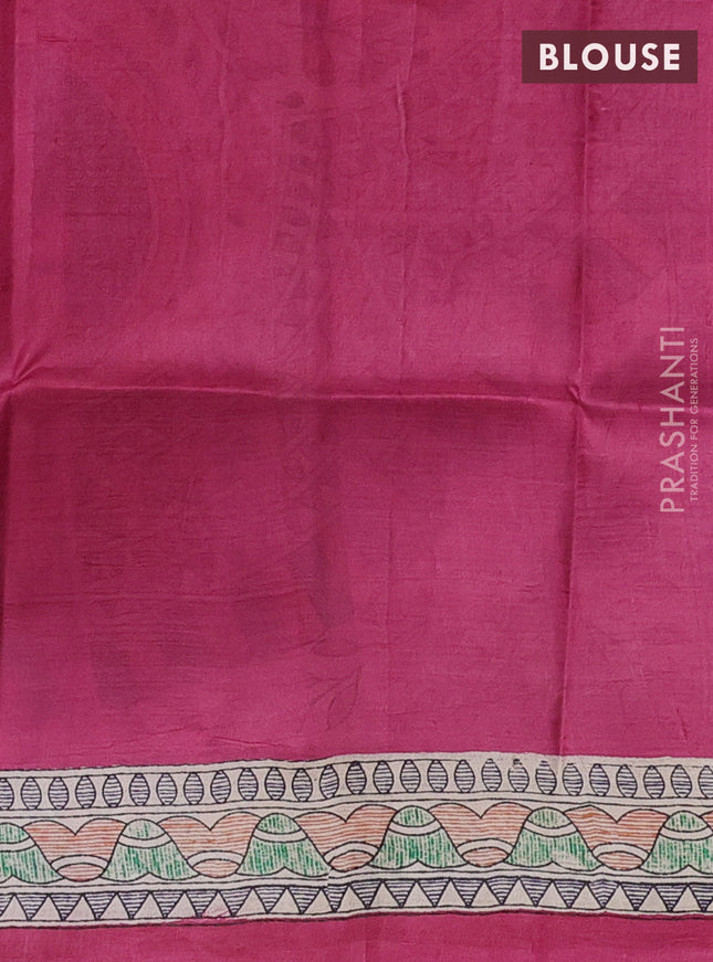 Madhubani printed silk saree dark pink and beige with butta prints and madhubani printed border