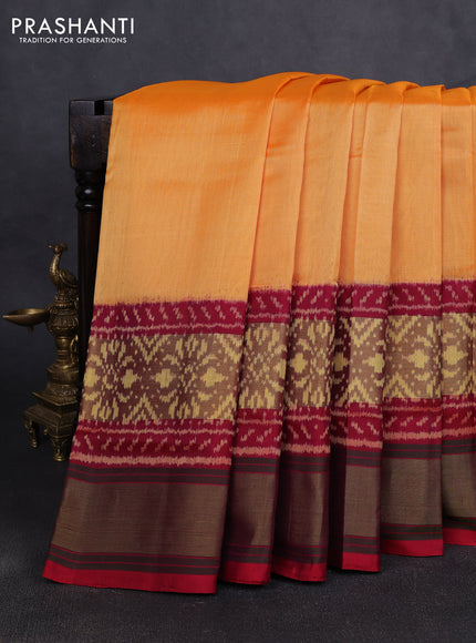 Rajkot patola silk saree pale orange and dual shade of maroon with plain body and ikat zari woven border