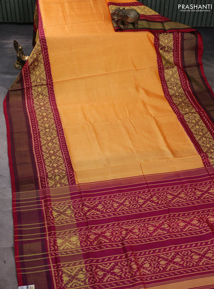 Rajkot patola silk saree pale orange and dual shade of maroon with plain body and ikat zari woven border