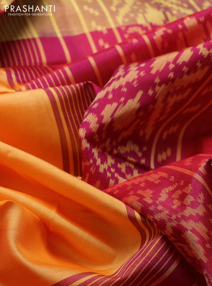 Rajkot patola silk saree pale orange and dual shade of maroon with plain body and ikat zari woven border