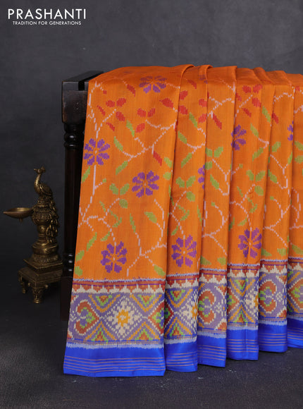 Rajkot patola silk saree orange and blue with allover ikat weaves and ikat woven simple border