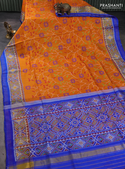 Rajkot patola silk saree orange and blue with allover ikat weaves and ikat woven simple border