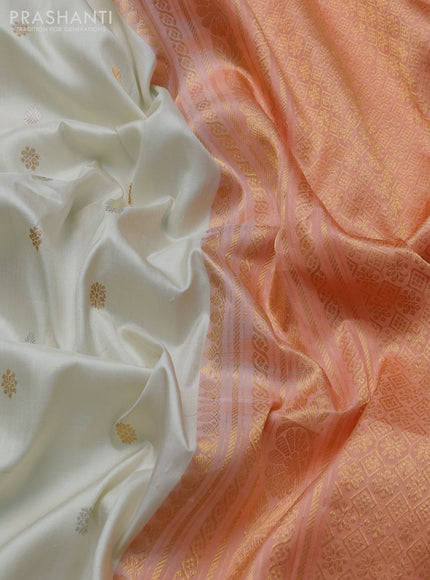 Pure gadwal silk saree cream and peach orange with silver & gold zari woven buttas and long temple design zari woven border