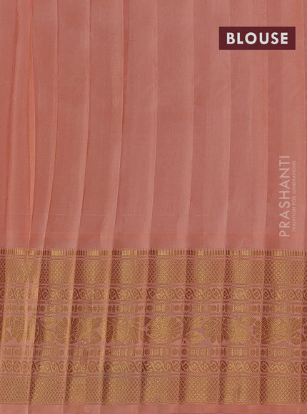 Pure gadwal silk saree cream and peach orange with silver & gold zari woven buttas and long temple design zari woven border