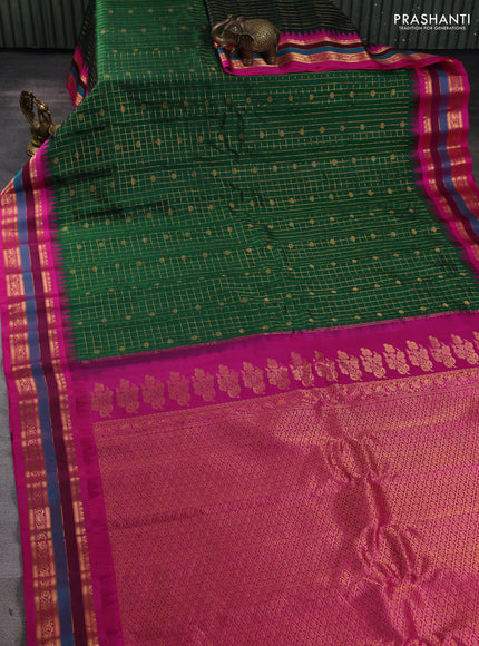 Pure gadwal silk saree green and magenta pink with allover zari checks & buttas and temple design zari woven border