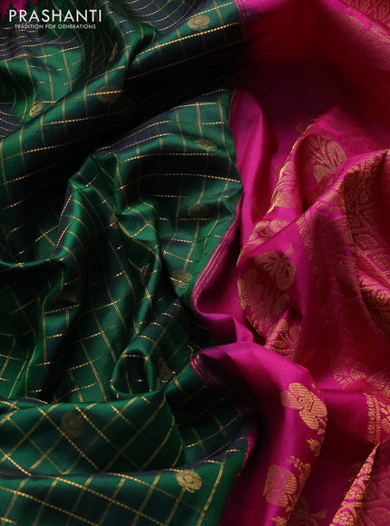 Pure gadwal silk saree green and magenta pink with allover zari checks & buttas and temple design zari woven border