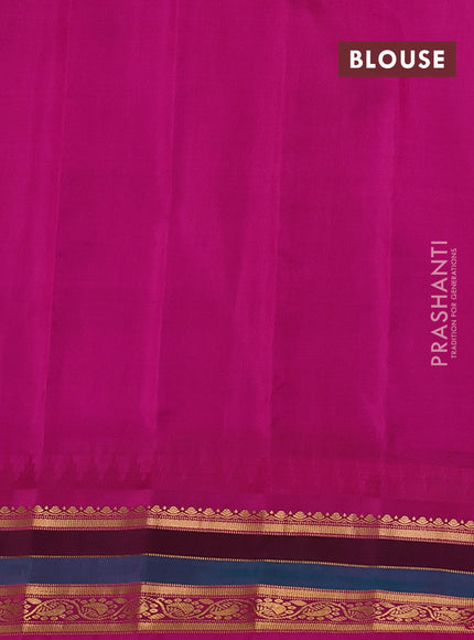 Pure gadwal silk saree green and magenta pink with allover zari checks & buttas and temple design zari woven border