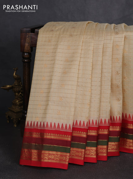 Pure gadwal silk saree sandal and red with allover zari checks & buttas and temple design zari woven border