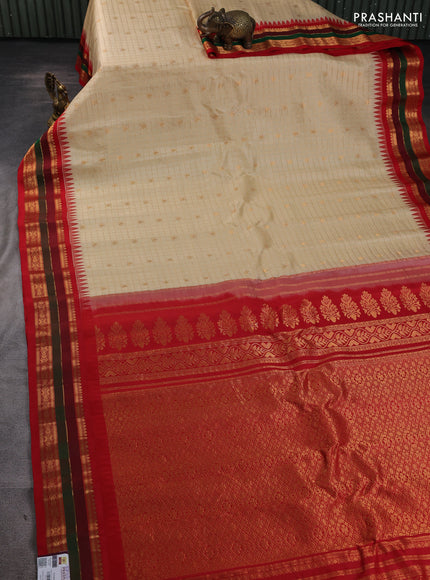 Pure gadwal silk saree sandal and red with allover zari checks & buttas and temple design zari woven border