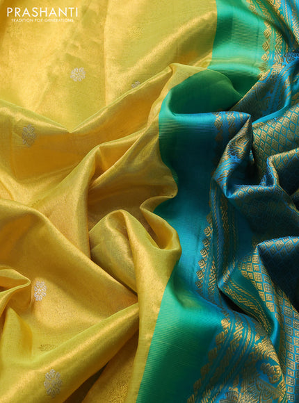 Pure gadwal silk saree yellow and teal green with silver & gold zari woven buttas and temple design zari woven border