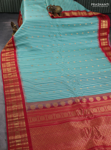 Pure gadwal silk saree off white teal green and reddish pink with allover checks & zari woven buttas and temple design zari woven border