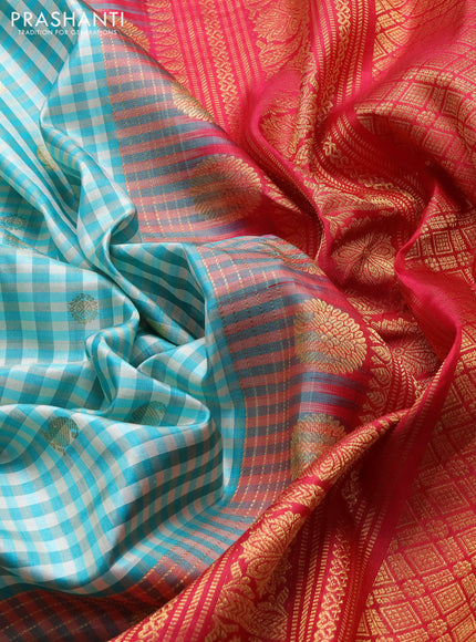 Pure gadwal silk saree off white teal green and reddish pink with allover checks & zari woven buttas and temple design zari woven border