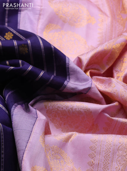 Pure gadwal silk saree navy blue and lotus pink with allover zari stripe & buttas and temple design zari woven border