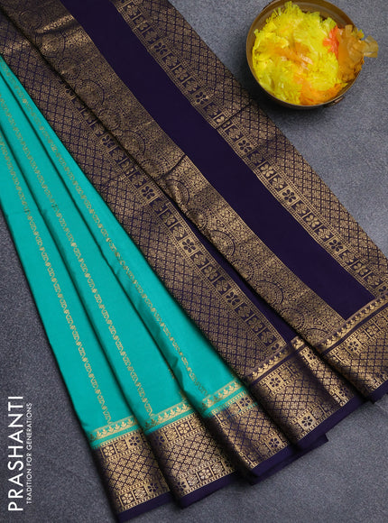 Semi mysore silk saree teal green and navy blue with allover zari weaves and zari woven border