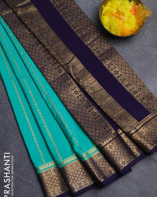 Semi mysore silk saree teal green and navy blue with allover zari weaves and zari woven border