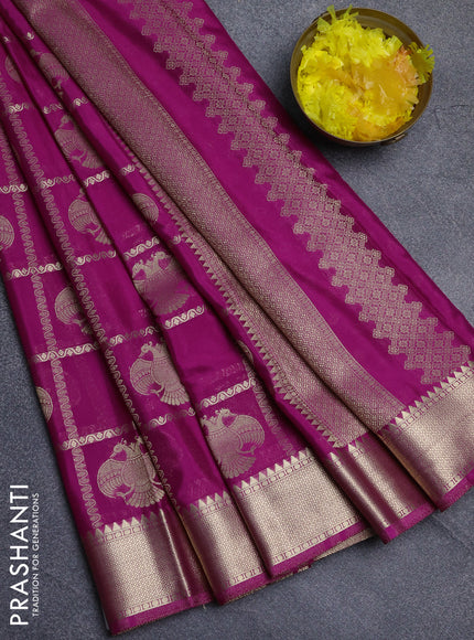 Semi mysore silk saree magenta pink with allover zari checks & buttas and zari woven border