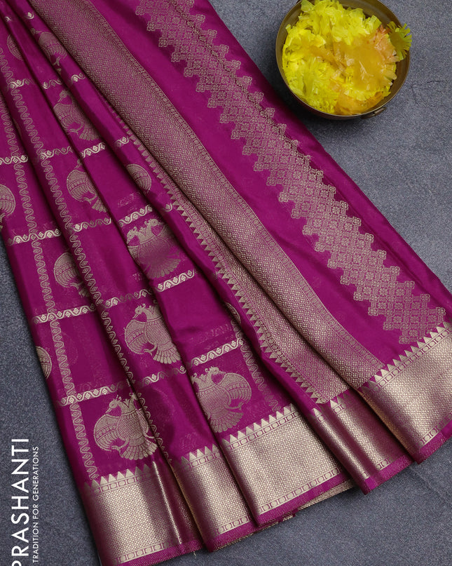 Semi mysore silk saree magenta pink with allover zari checks & buttas and zari woven border