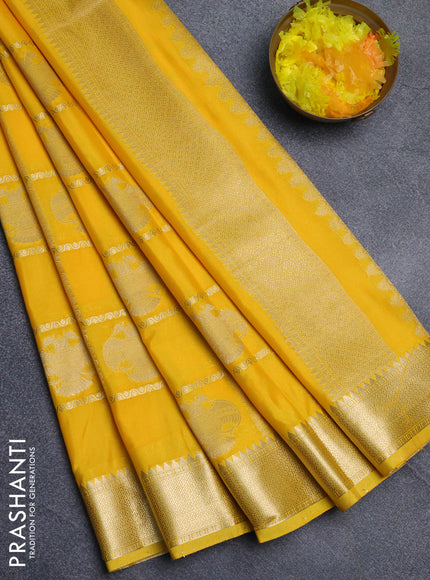 Semi mysore silk saree yellow with allover zari checks & buttas and zari woven border