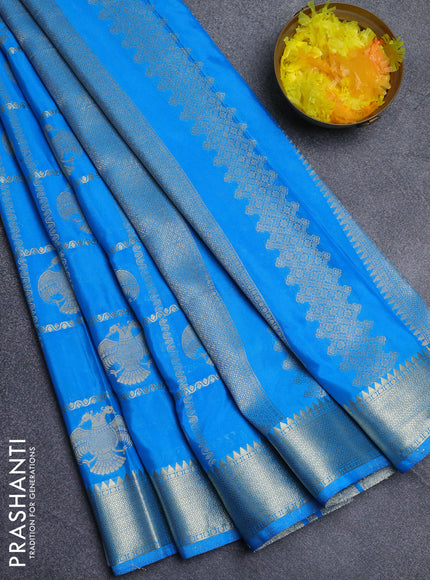 Semi mysore silk saree cs blue with allover zari checks & buttas and zari woven border