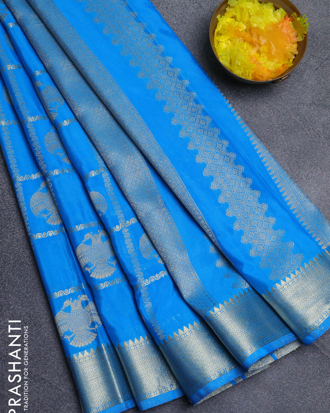 Semi mysore silk saree cs blue with allover zari checks & buttas and zari woven border