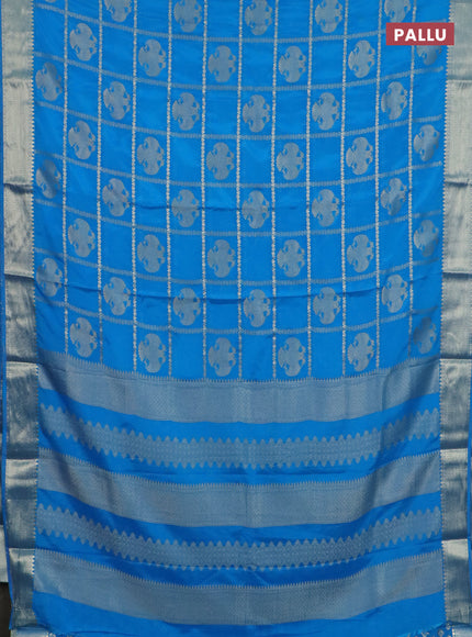 Semi mysore silk saree cs blue with allover zari checks & buttas and zari woven border