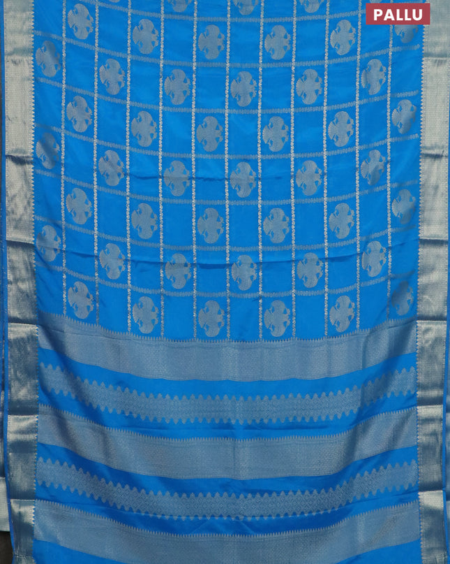 Semi mysore silk saree cs blue with allover zari checks & buttas and zari woven border