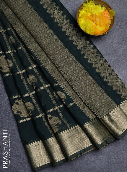 Semi mysore silk saree olive green with allover zari checks & buttas and zari woven border