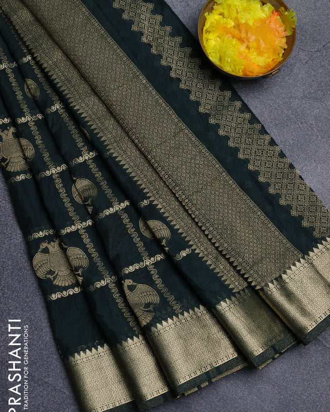 Semi mysore silk saree olive green with allover zari checks & buttas and zari woven border