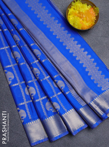 Semi mysore silk saree royal blue with allover zari checks & buttas and zari woven border