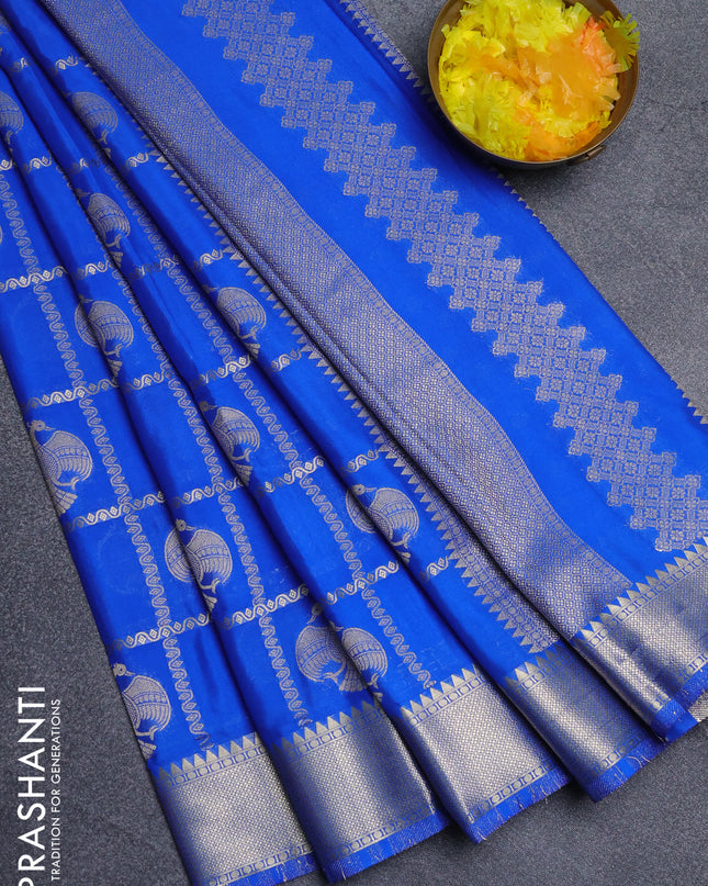 Semi mysore silk saree royal blue with allover zari checks & buttas and zari woven border