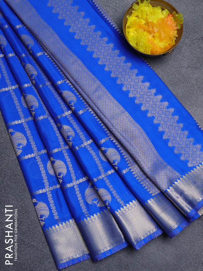 Semi mysore silk saree royal blue with allover zari checks & buttas and zari woven border