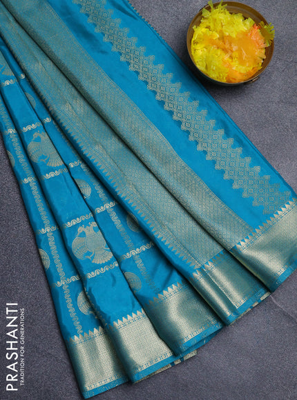 Semi mysore silk saree teal green with allover zari checks & buttas and zari woven border