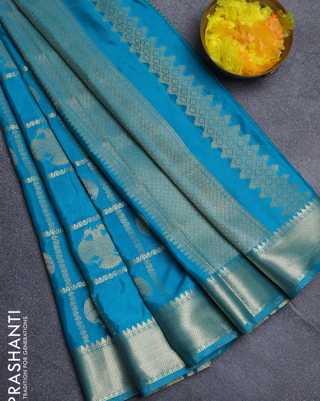 Semi mysore silk saree teal green with allover zari checks & buttas and zari woven border