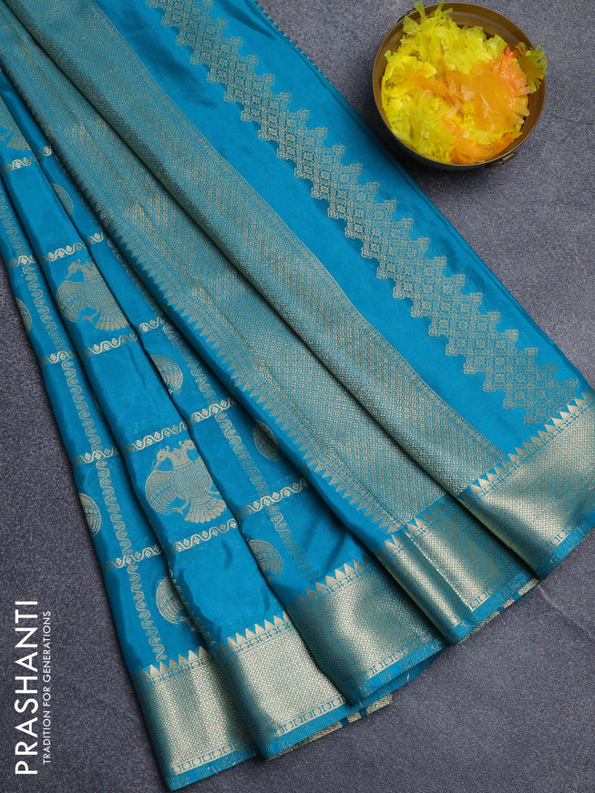 Semi mysore silk saree teal green with allover zari checks & buttas and zari woven border