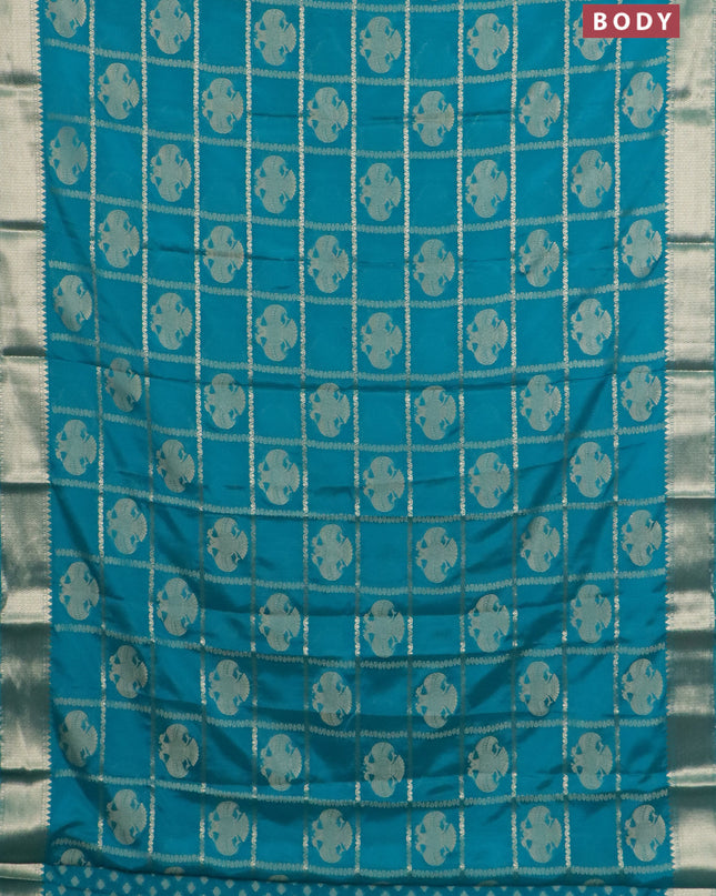 Semi mysore silk saree teal green with allover zari checks & buttas and zari woven border