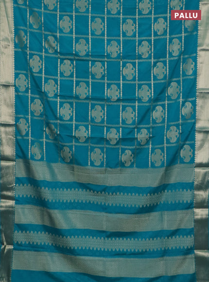 Semi mysore silk saree teal green with allover zari checks & buttas and zari woven border