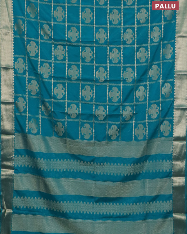Semi mysore silk saree teal green with allover zari checks & buttas and zari woven border
