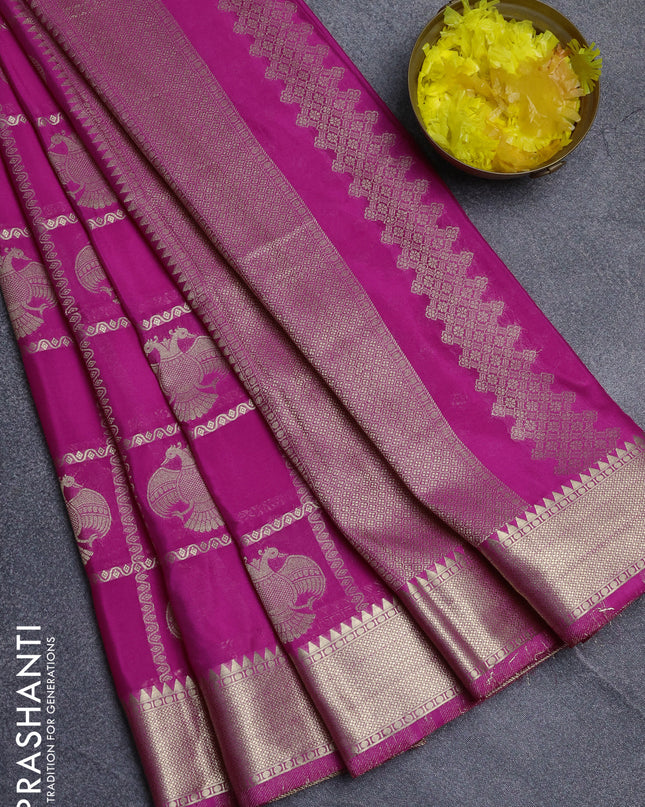 Semi mysore silk saree dark pink with allover zari checks & buttas and zari woven border