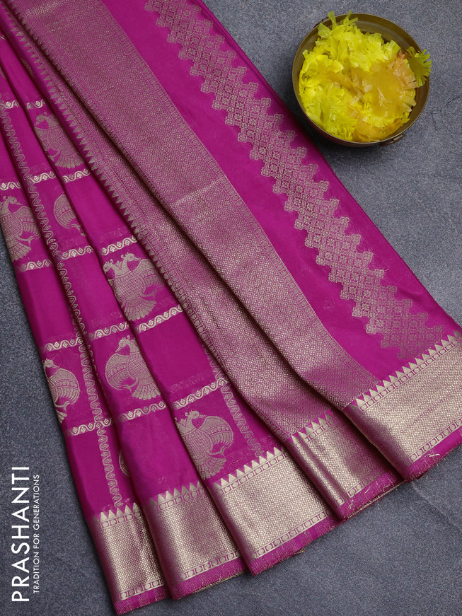 Semi mysore silk saree dark pink with allover zari checks & buttas and zari woven border