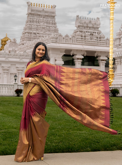 Pure kanchipuram silk saree maroon with plain body and rising temple border