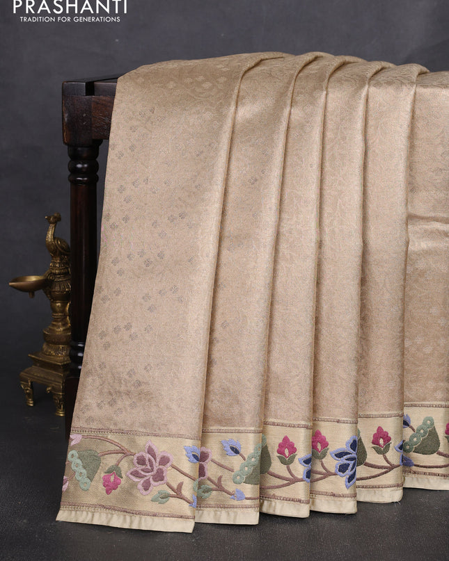 Tissue silk sare sandal and green brown with allover brocade weaves and embroidery work border