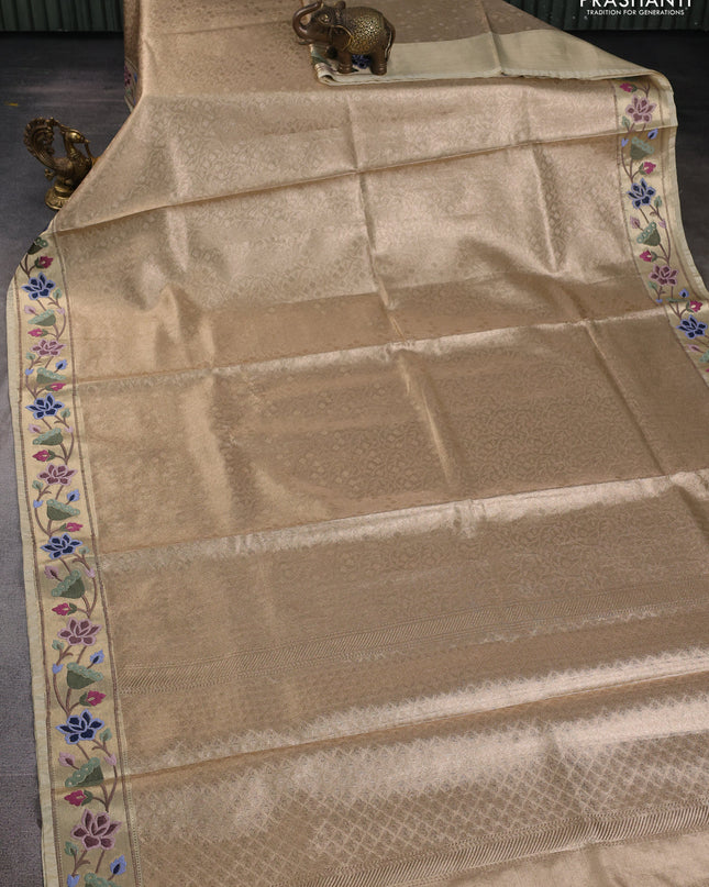 Tissue silk sare sandal and green brown with allover brocade weaves and embroidery work border