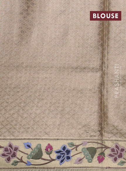 Tissue silk sare sandal and green brown with allover brocade weaves and embroidery work border