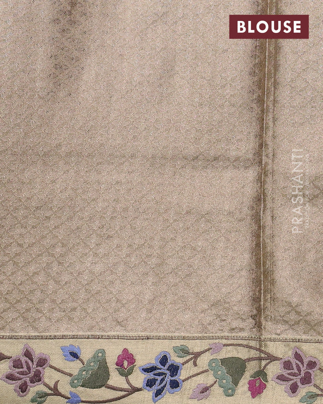 Tissue silk sare sandal and green brown with allover brocade weaves and embroidery work border