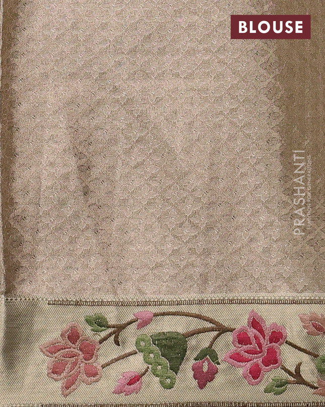 Tissue silk sare sandal and light green brown with allover brocade weaves and embroidery work border