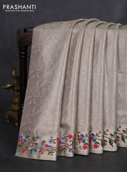 Tissue silk sare gold beige with allover brocade weaves and embroidery work border
